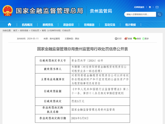 贵阳银行旗下贵银金租多人被罚，曾被卷入设备租赁诈骗案，今年至少已有8家金租公司被监管处罚