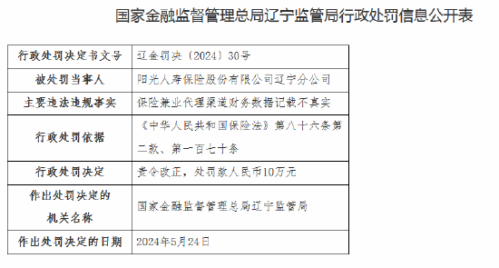 因保险兼业代理渠道财务数据记载不真实 阳光人寿辽宁分公司被责令整改并罚款10万元