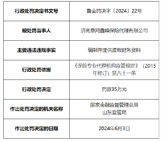 济南鼎鸿鑫峰保险代理有限公司被罚35万元：因编制并提供虚假财务资料