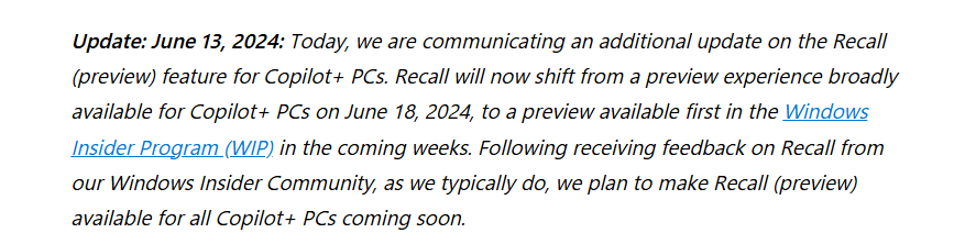 隐私问题不过关！微软推迟发布AI功能Recall 称还需进行预览测试