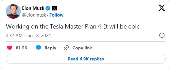 马斯克称正制定特斯拉宏图计划第四篇章