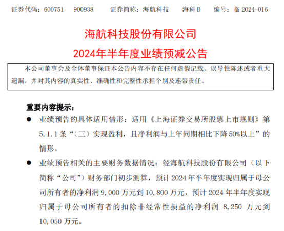 海航科技2024年上半年预计净利9000万-1.08亿