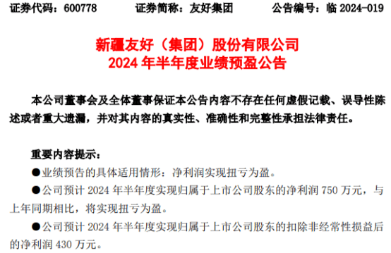 友好集团2024年上半年预计净利750万 同比扭亏为盈