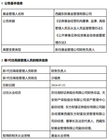 西藏东财基金总经理沙福贵兼任财务负责人