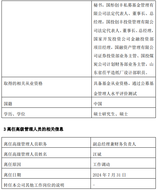 国投瑞银基金汪斌因工作调动离任 新任李涛为副总经理兼财务负责人