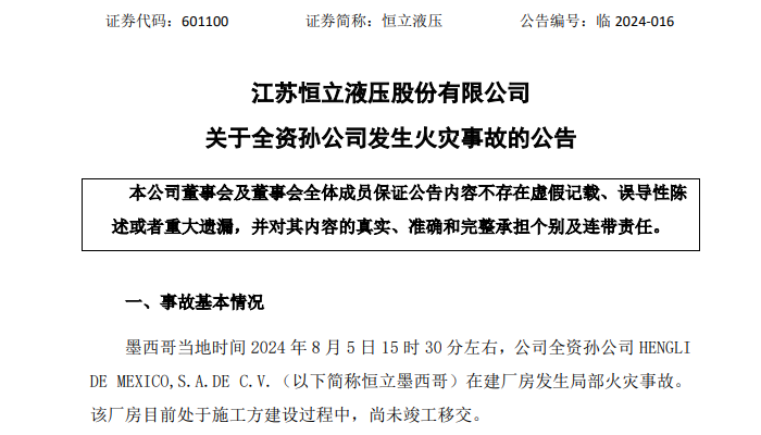 突发火灾！600亿A股巨头恒立液压海外最大生产基地投产又延迟！