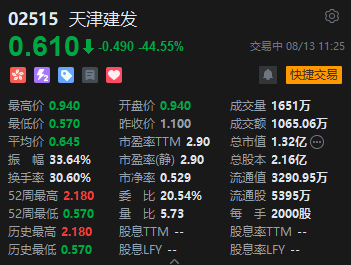 天津建发盘中跳水跌超44% 今年四月上市以来股价跌去七成