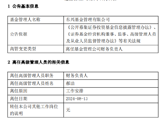 东兴基金财务负责人郝洁因工作安排离任