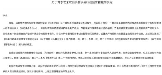 因存在多项违规 锦秀德同及执行事务合伙人委派代表李农被警示