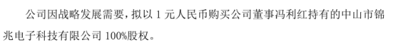 锦兆股份拟以1元购买公司董事冯利红持有的中山市锦兆电子科技有限公司100%股权